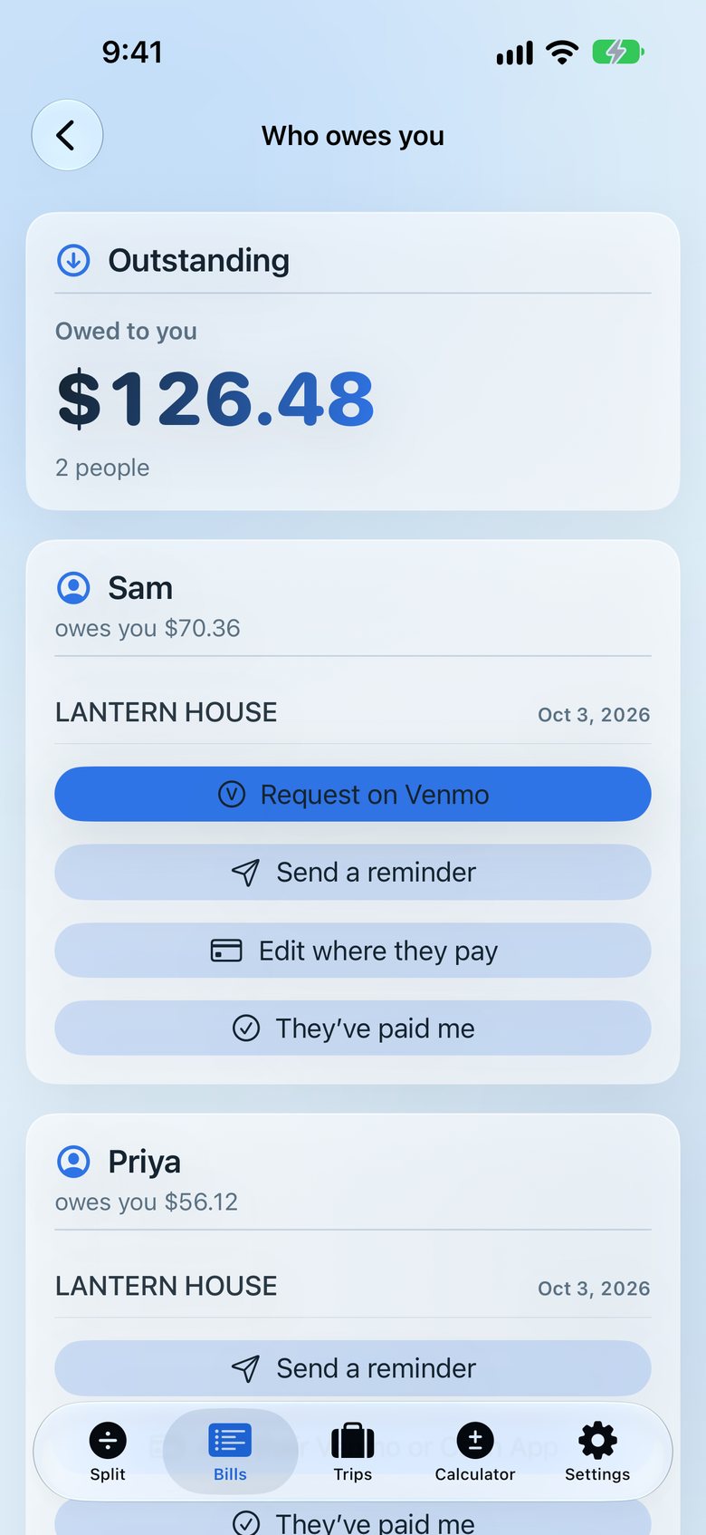Split & Settle screenshot: Owed to you, with what each friend owes across bills.