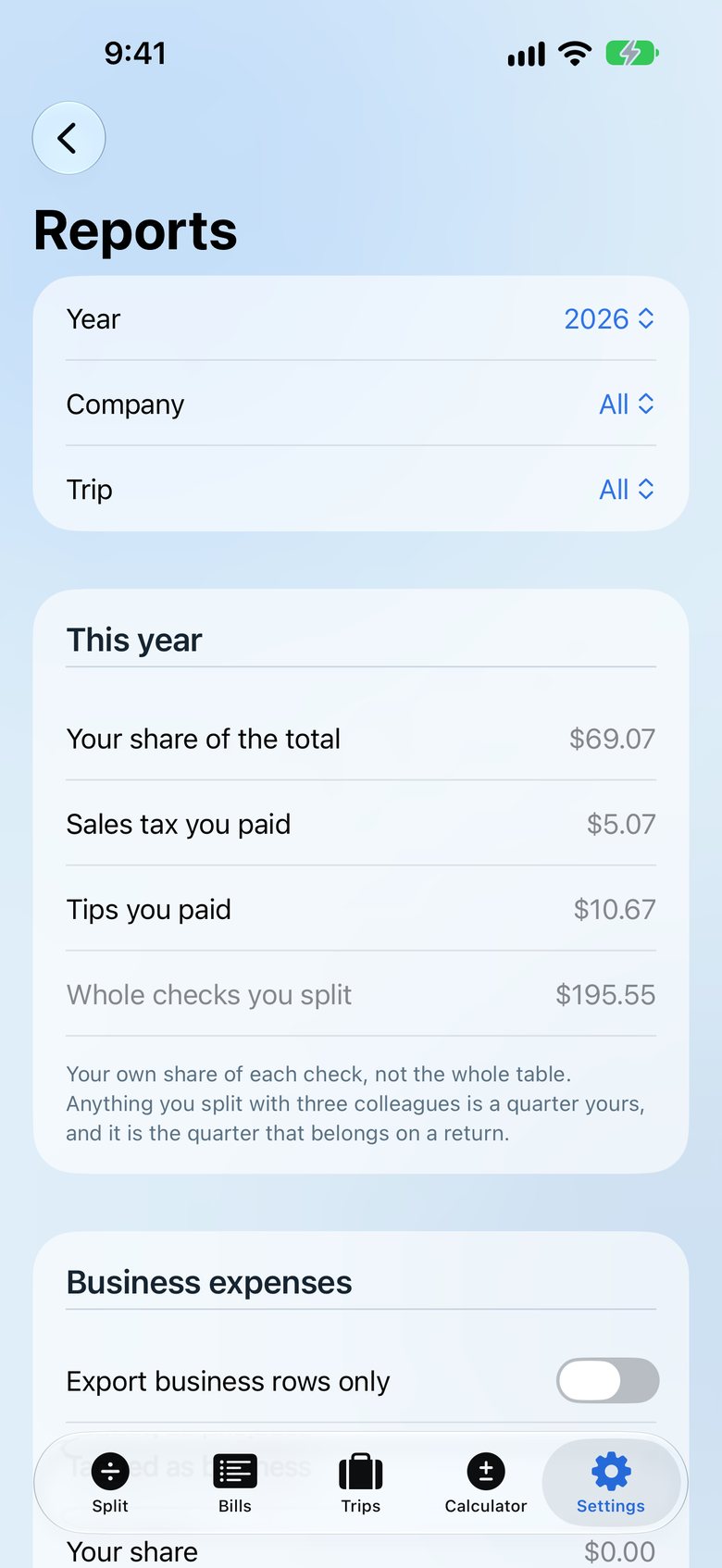 Split & Settle screenshot: Reports with yearly and quarterly totals.