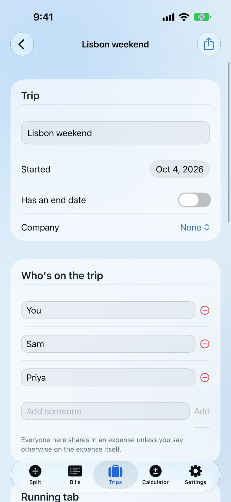 Split & Settle screenshot: a group trip ledger.