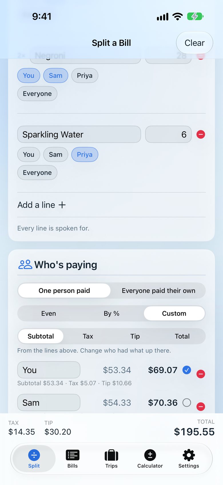 Split & Settle screenshot: assigning who had what on each line of a receipt.